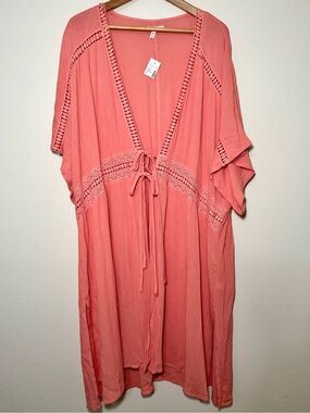 Maurices NWT Crochet Tie Waist Duster Kimono Cover Up Coral Pink Plus 2X